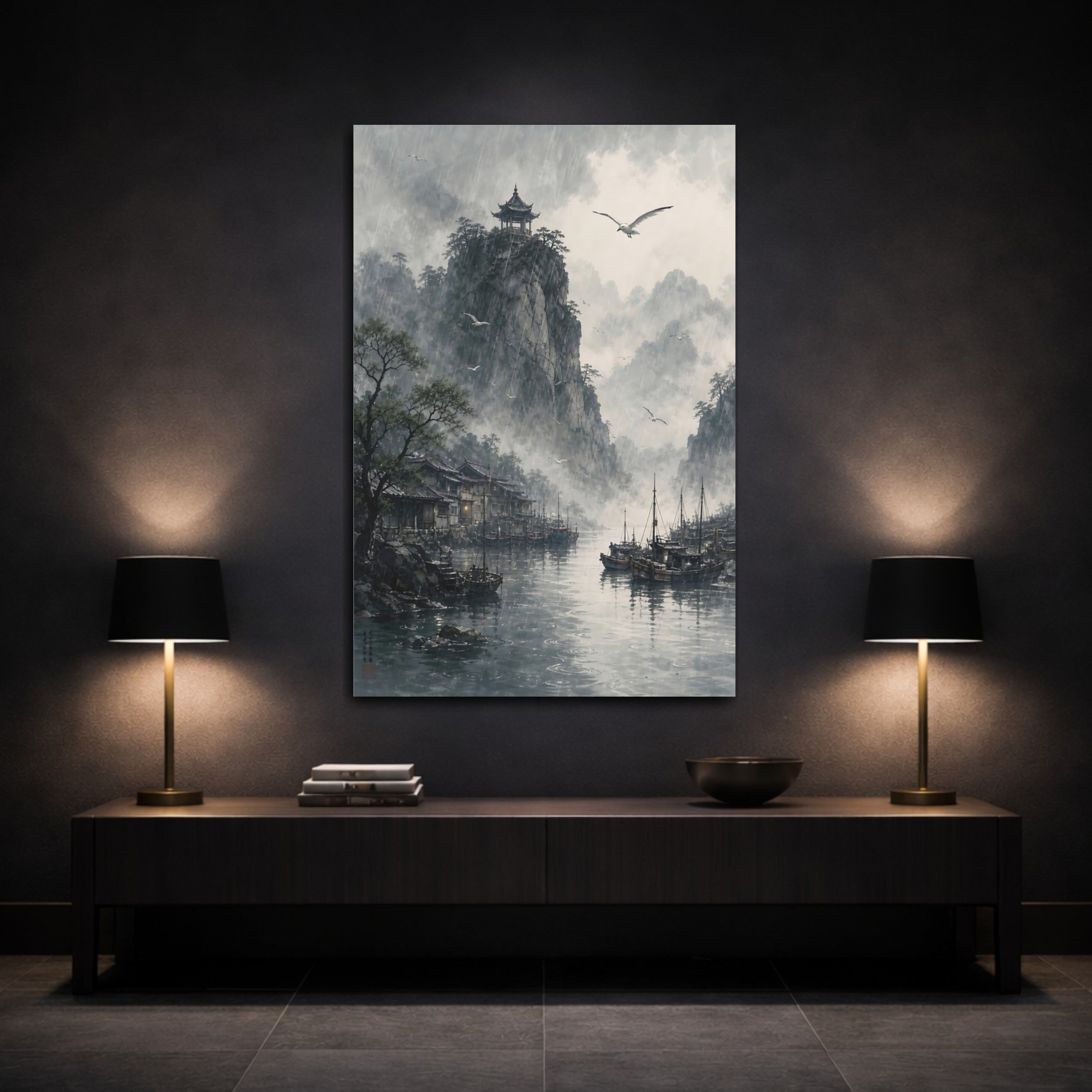 Mockup 3. Nature Rainy Village Misty Asian Landscape shown as stretched canvas wall art