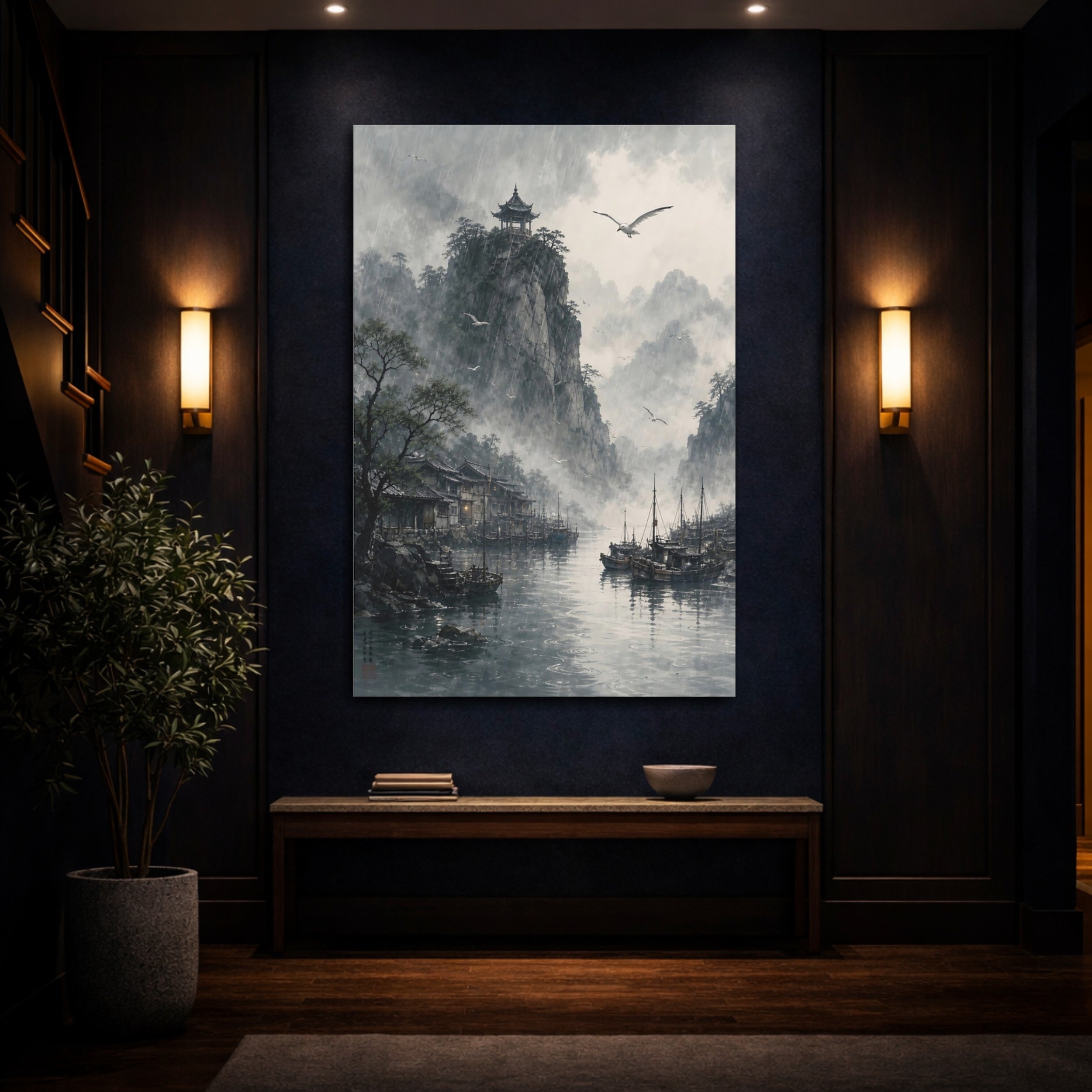 Mockup 4. Nature Rainy Village Misty Asian Landscape shown as stretched canvas wall art