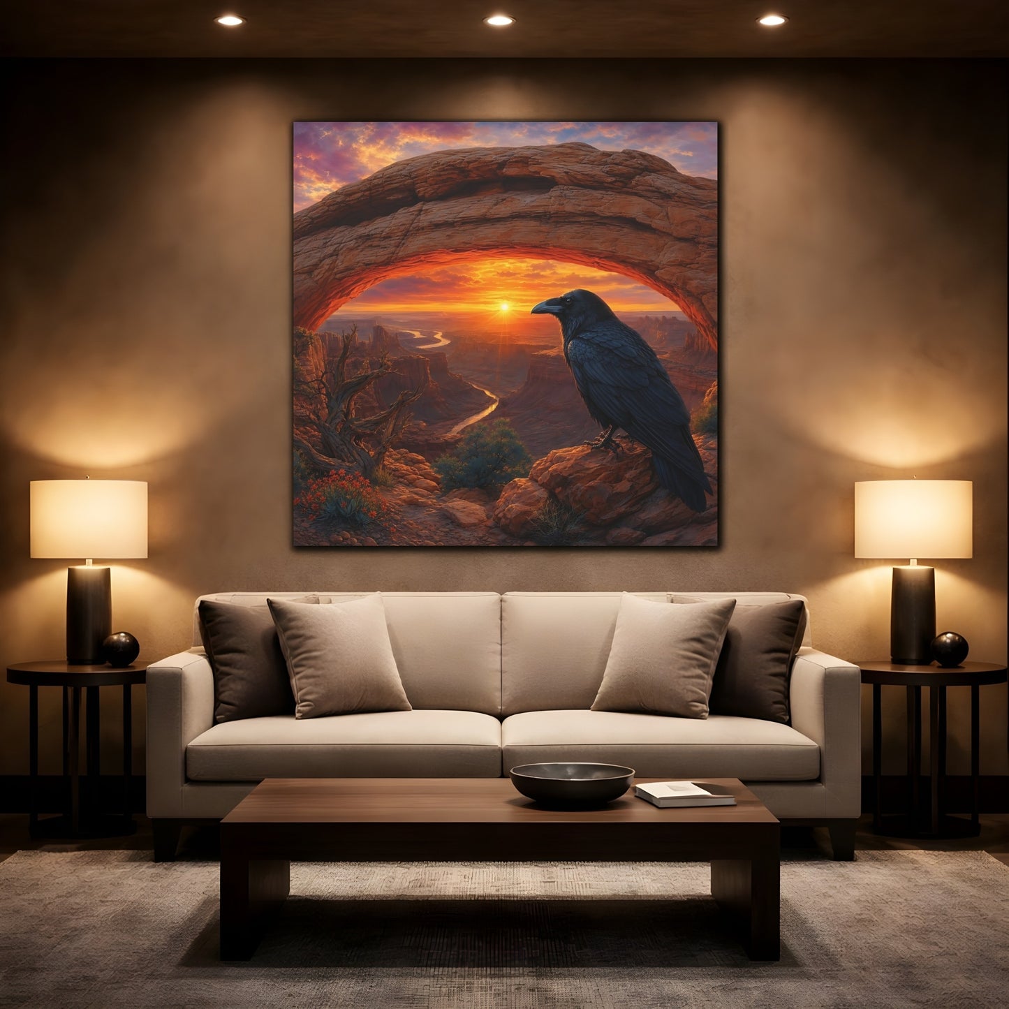 Mockup 2. Nature Raven Orange Sunset shown as stretched canvas wall art