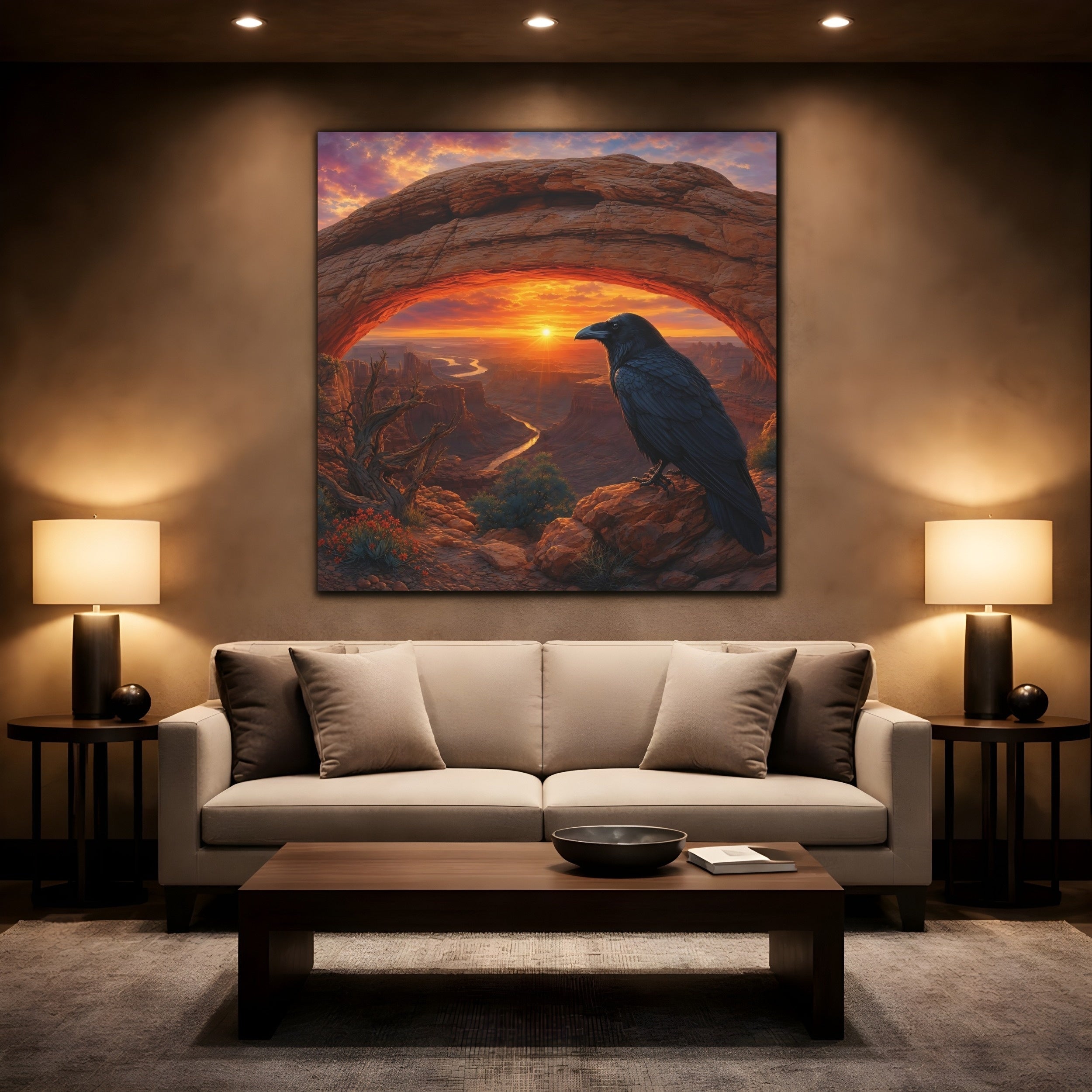 Mockup 2. Nature Raven Orange Sunset shown as stretched canvas wall art