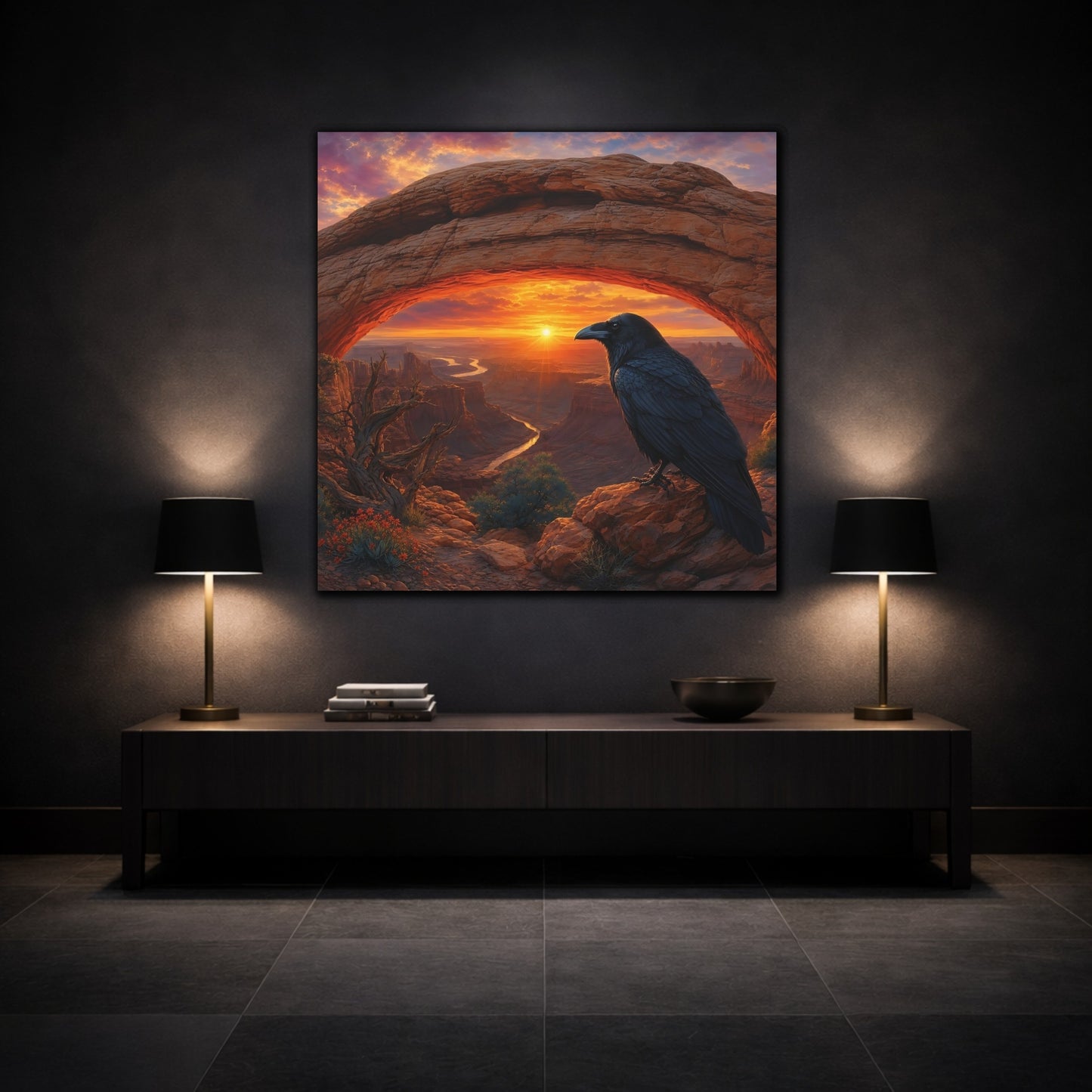 Mockup 3. Nature Raven Orange Sunset shown as stretched canvas wall art