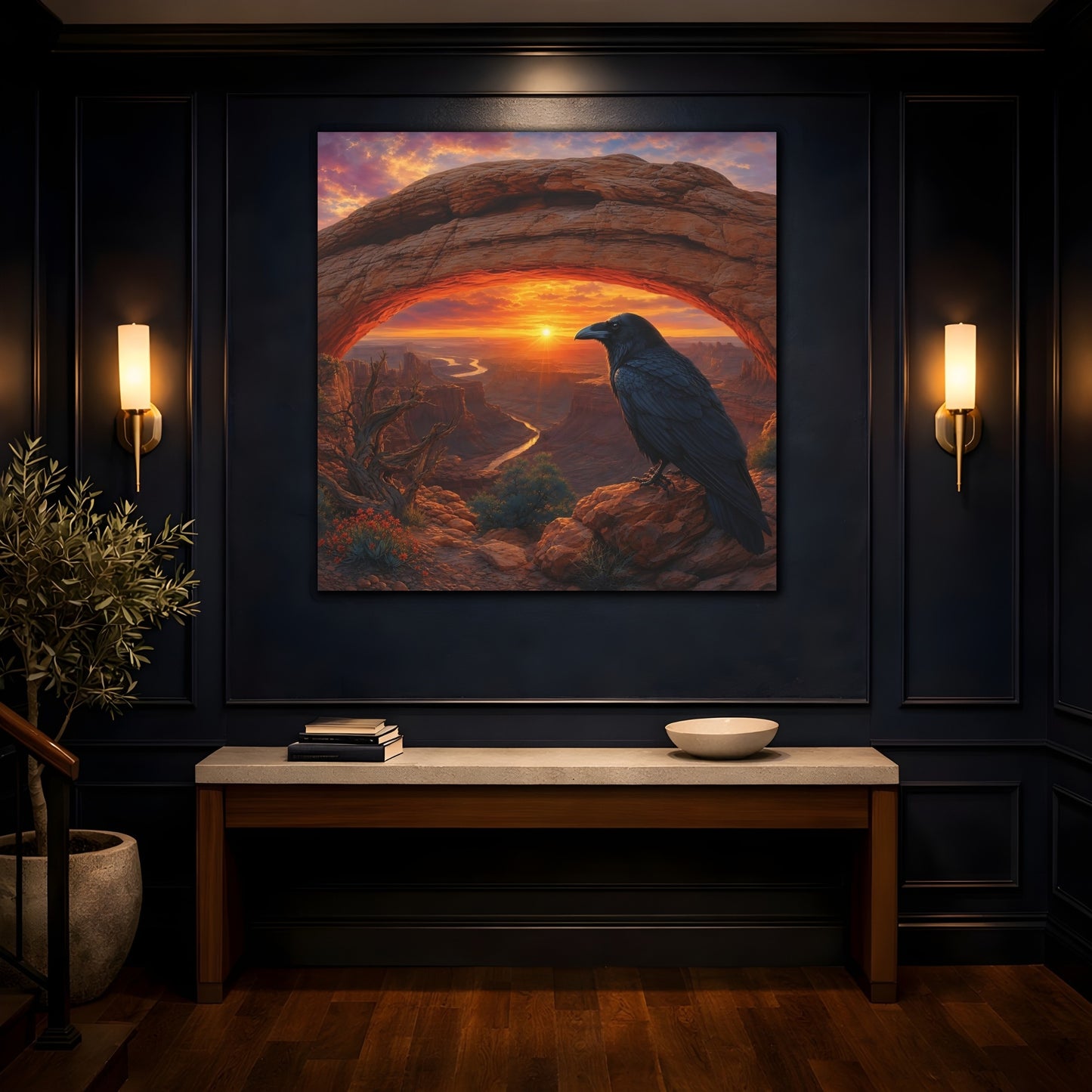 Mockup 4. Nature Raven Orange Sunset shown as stretched canvas wall art