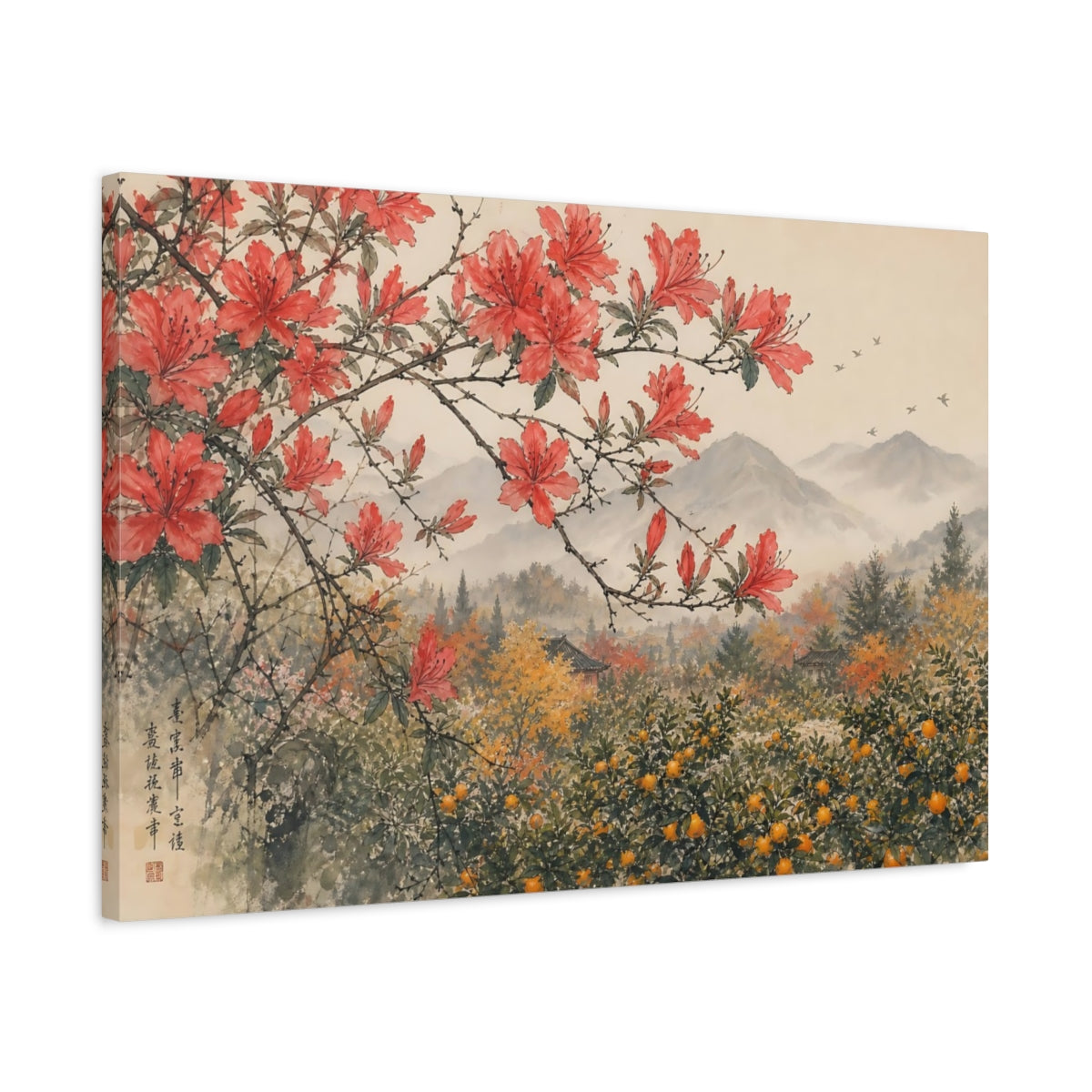 Side Mockup 2. Nature Red Azaleas Red Azalea Landscape shown as stretched canvas wall art