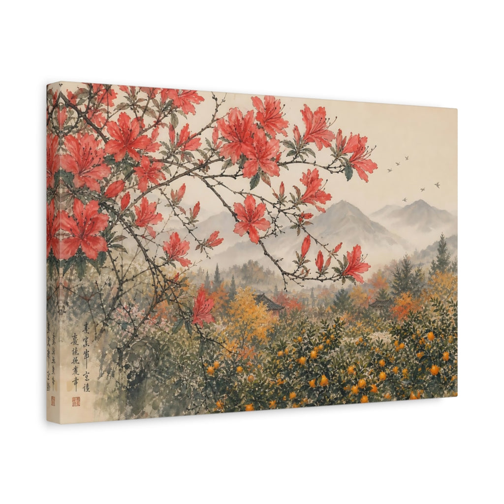 Side Mockup 4. Nature Red Azaleas Red Azalea Landscape shown as stretched canvas wall art