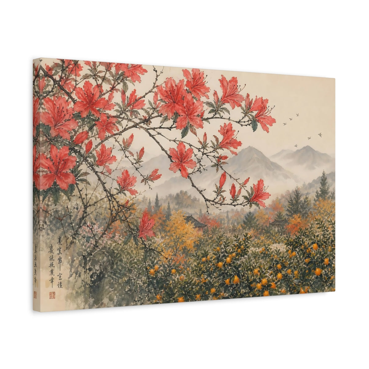 Side Mockup 3. Nature Red Azaleas Red Azalea Landscape shown as stretched canvas wall art