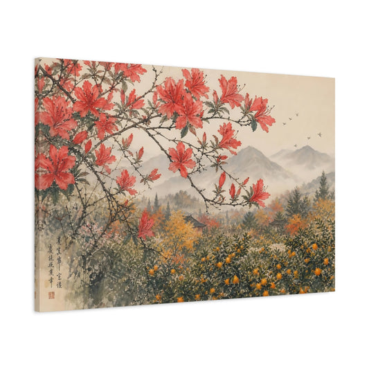 Main Mockup. Nature Red Azaleas Red Azalea Landscape shown as stretched canvas wall art