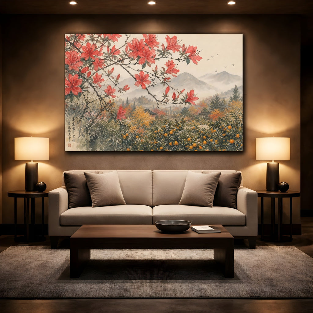 Mockup 2. Nature Red Azaleas Red Azalea Landscape shown as stretched canvas wall art