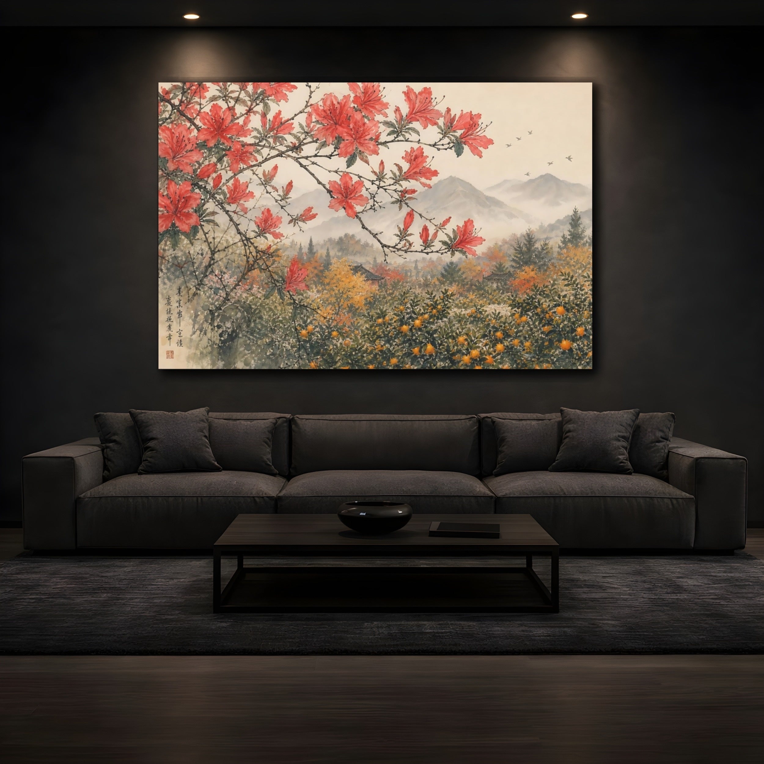 Mockup 3. Nature Red Azaleas Red Azalea Landscape shown as stretched canvas wall art