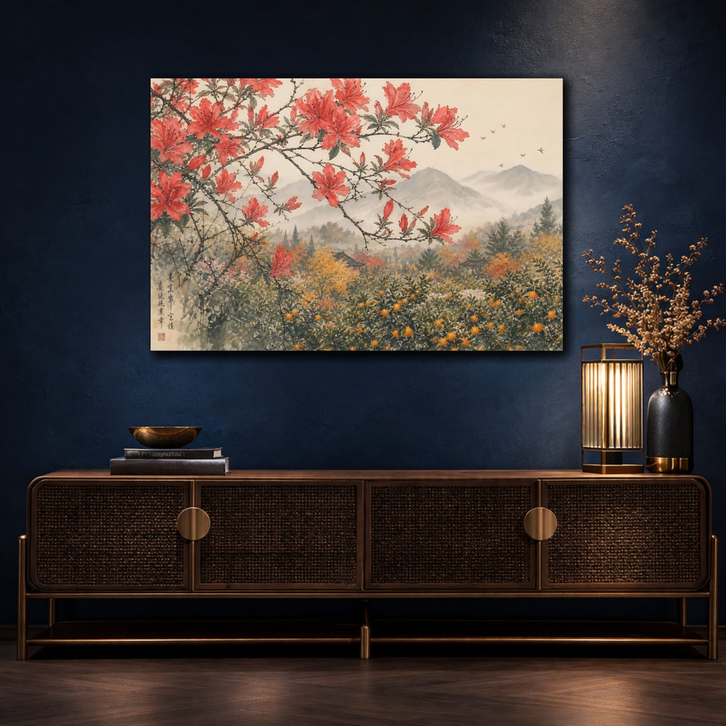 Mockup 4. Nature Red Azaleas Red Azalea Landscape shown as stretched canvas wall art