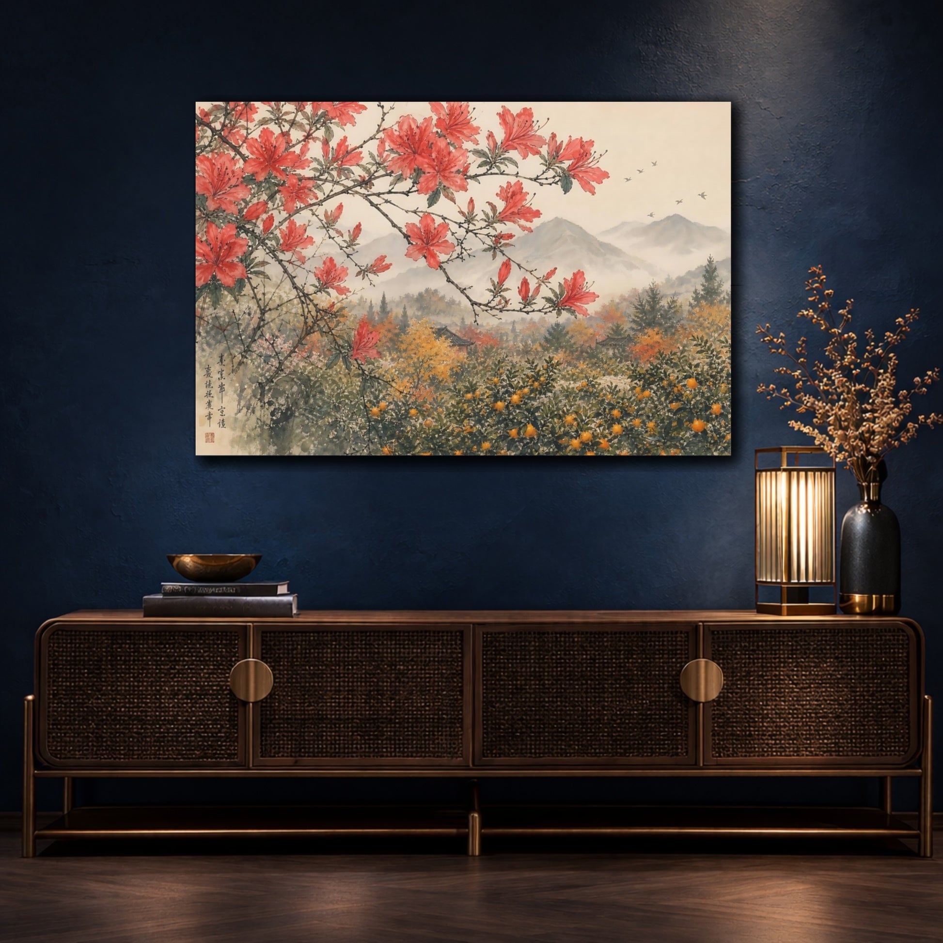 Mockup 4. Nature Red Azaleas Red Azalea Landscape shown as stretched canvas wall art