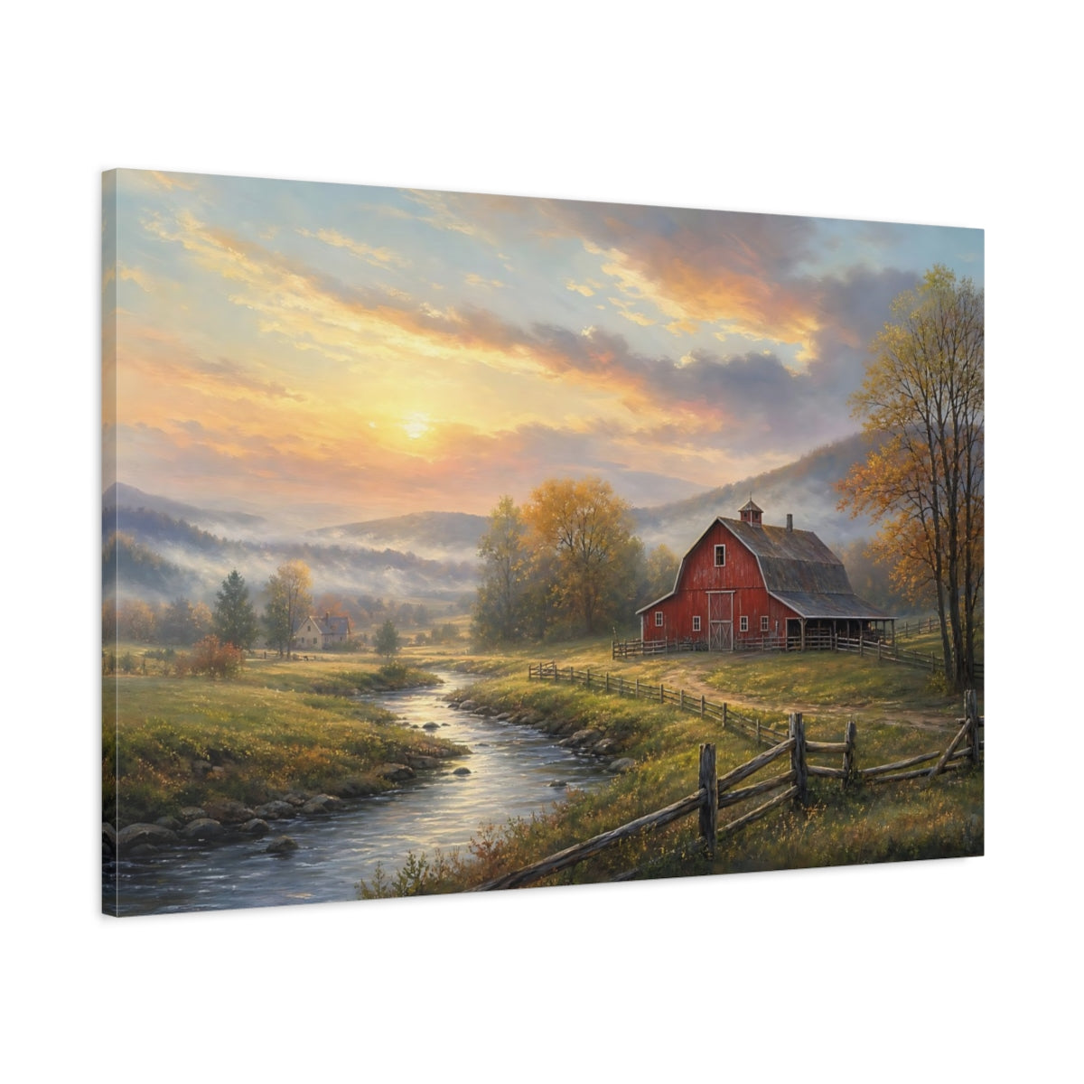 Main Mockup. Nature Red Barn Autumn Landscape shown as stretched canvas wall art