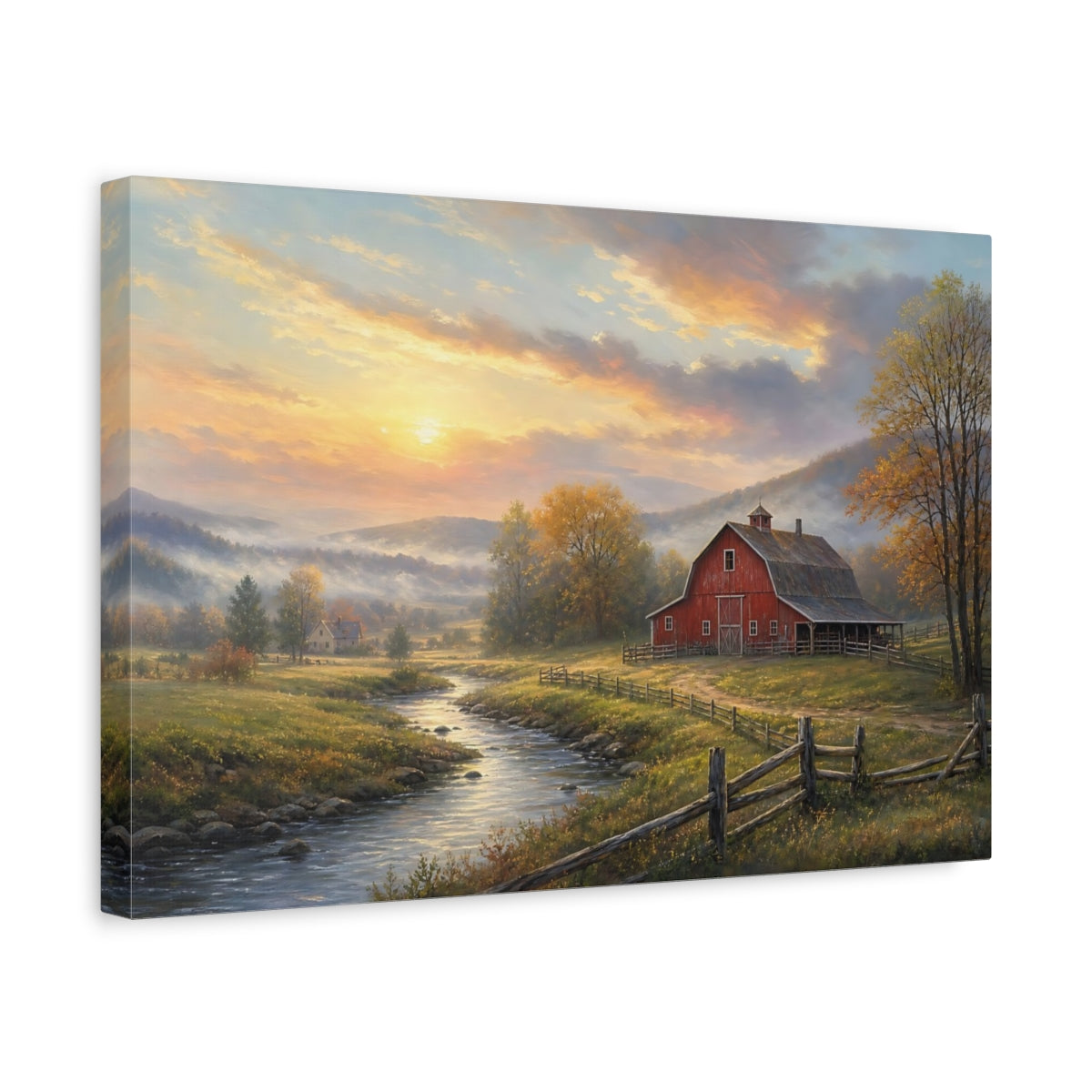 Side Mockup 4. Nature Red Barn Autumn Landscape shown as stretched canvas wall art