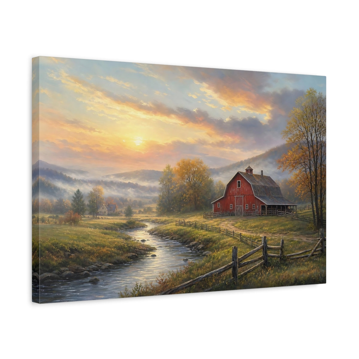 Side Mockup 3. Nature Red Barn Autumn Landscape shown as stretched canvas wall art