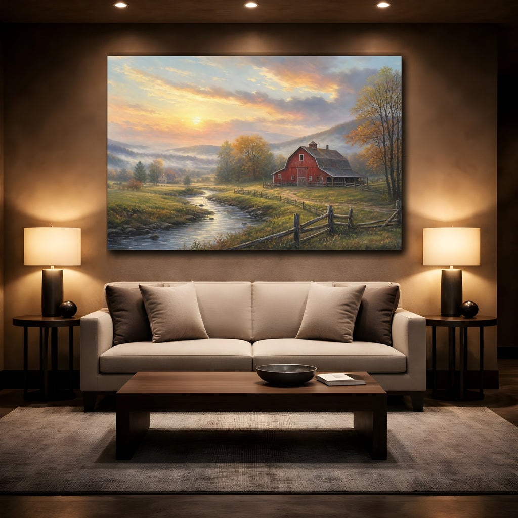 Mockup 2. Nature Red Barn Autumn Landscape shown as stretched canvas wall art