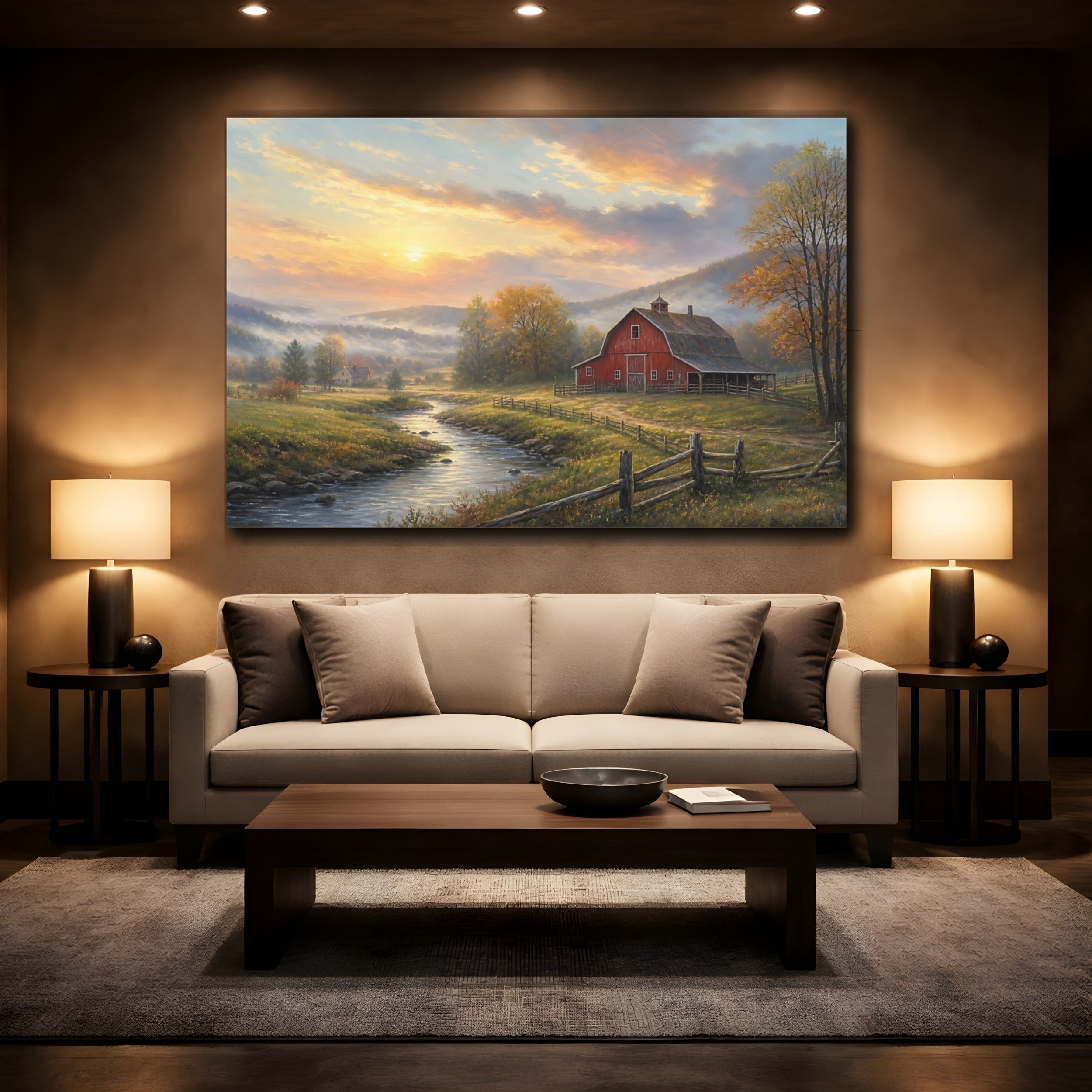 Mockup 2. Nature Red Barn Autumn Landscape shown as stretched canvas wall art
