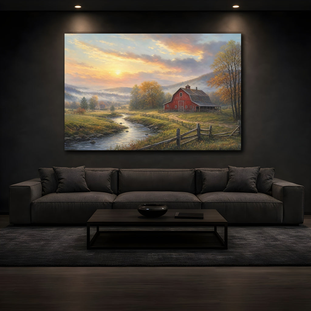 Mockup 3. Nature Red Barn Autumn Landscape shown as stretched canvas wall art