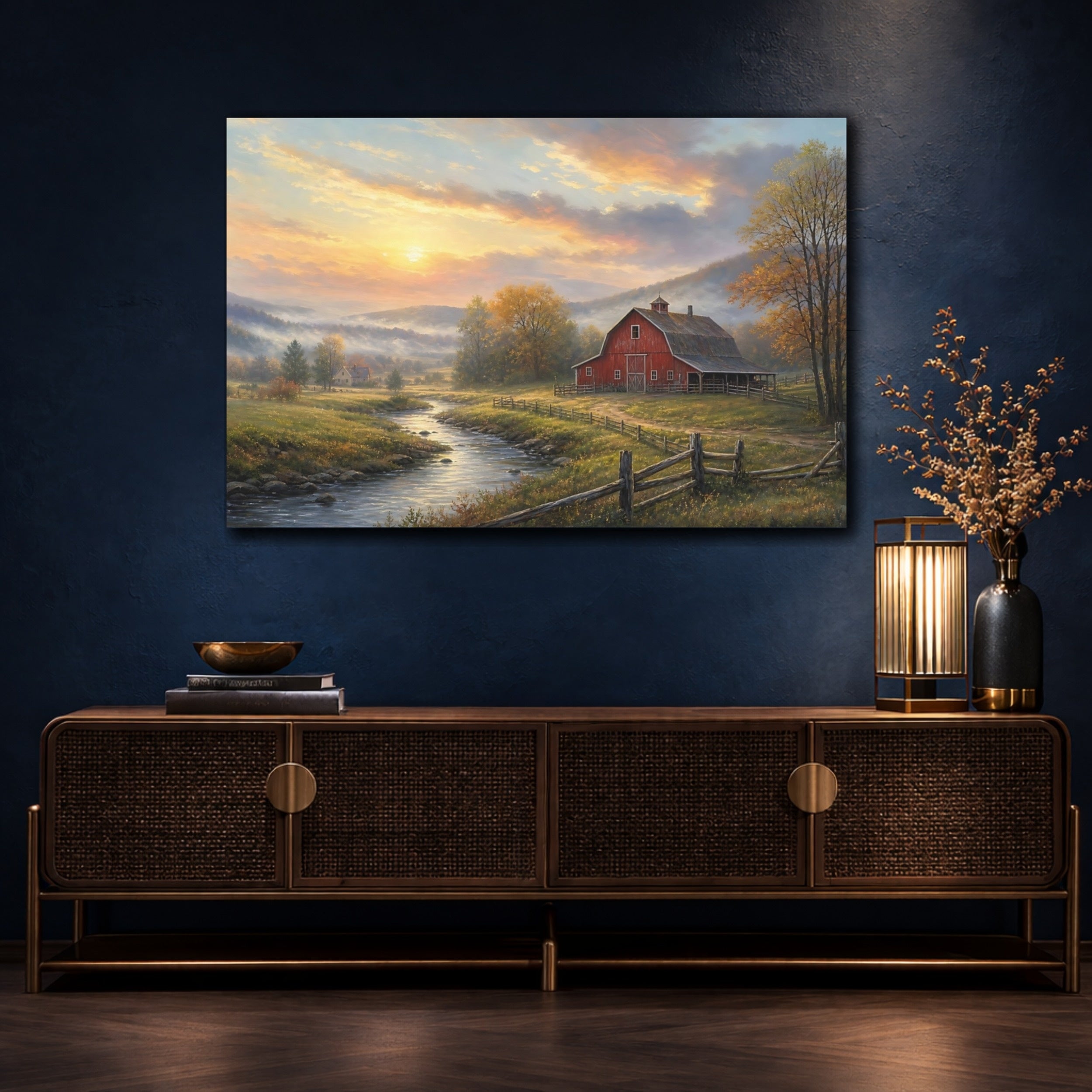 Mockup 4. Nature Red Barn Autumn Landscape shown as stretched canvas wall art
