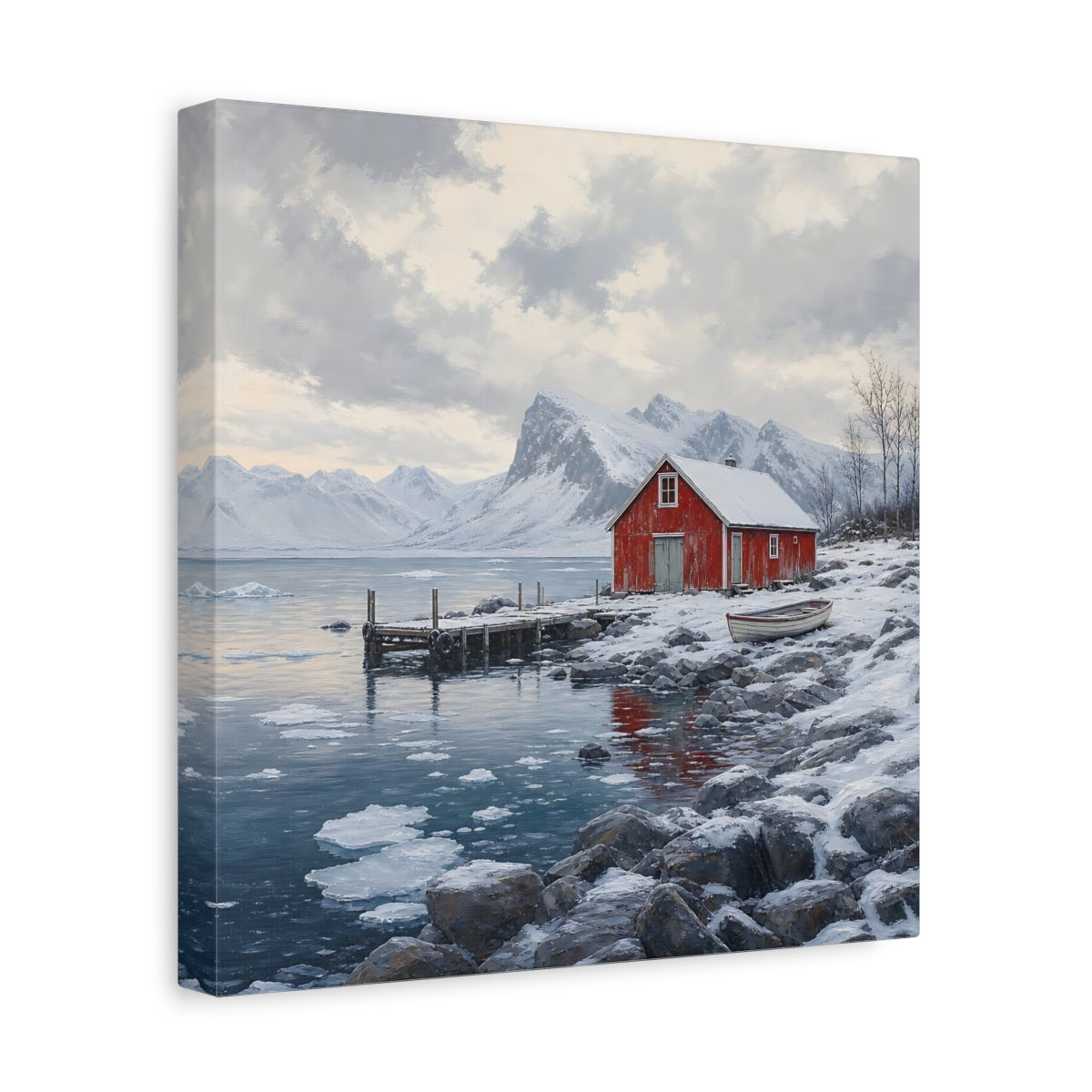 Side Mockup 8. Nature Red Cabin Winter Lake Red Cabin shown as stretched canvas wall art