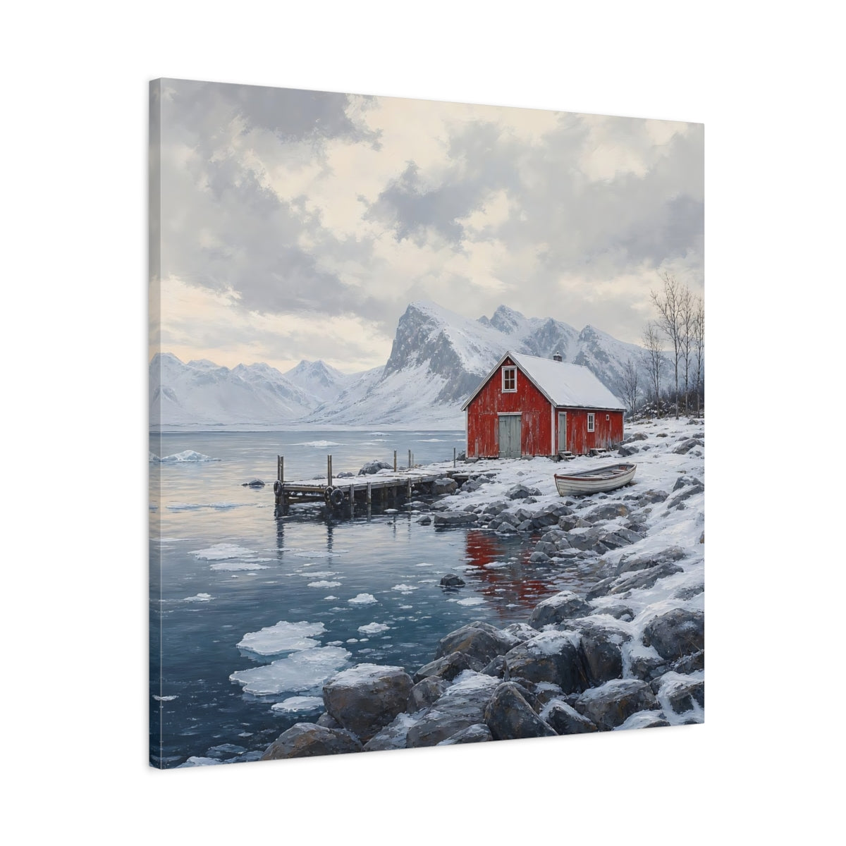 Side Mockup 3. Nature Red Cabin Winter Lake Red Cabin shown as stretched canvas wall art