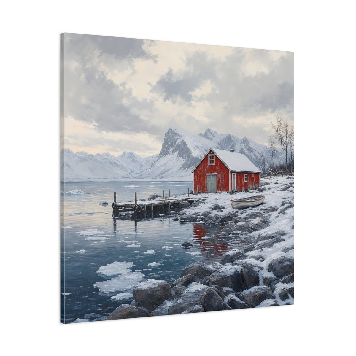 Side Mockup 1. Nature Red Cabin Winter Lake Red Cabin shown as stretched canvas wall art