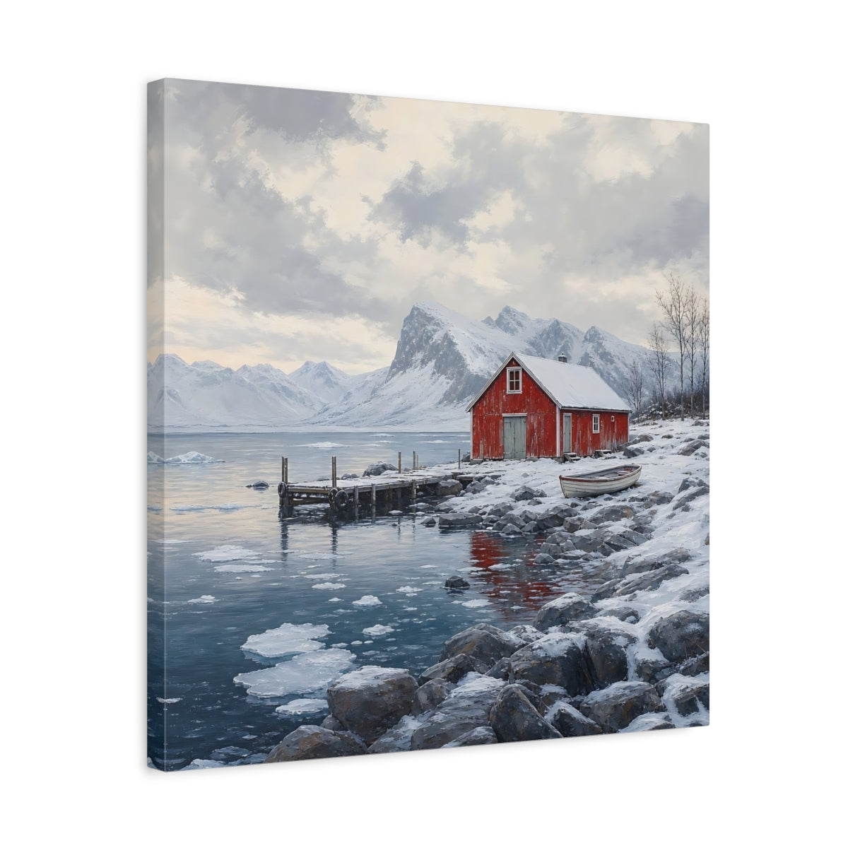 Side Mockup 5. Nature Red Cabin Winter Lake Red Cabin shown as stretched canvas wall art