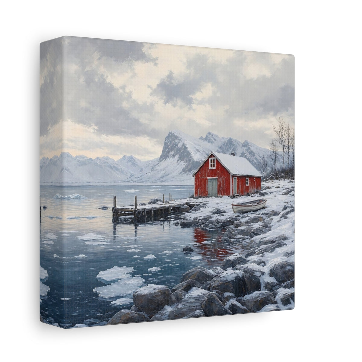 Side Mockup 2. Nature Red Cabin Winter Lake Red Cabin shown as stretched canvas wall art