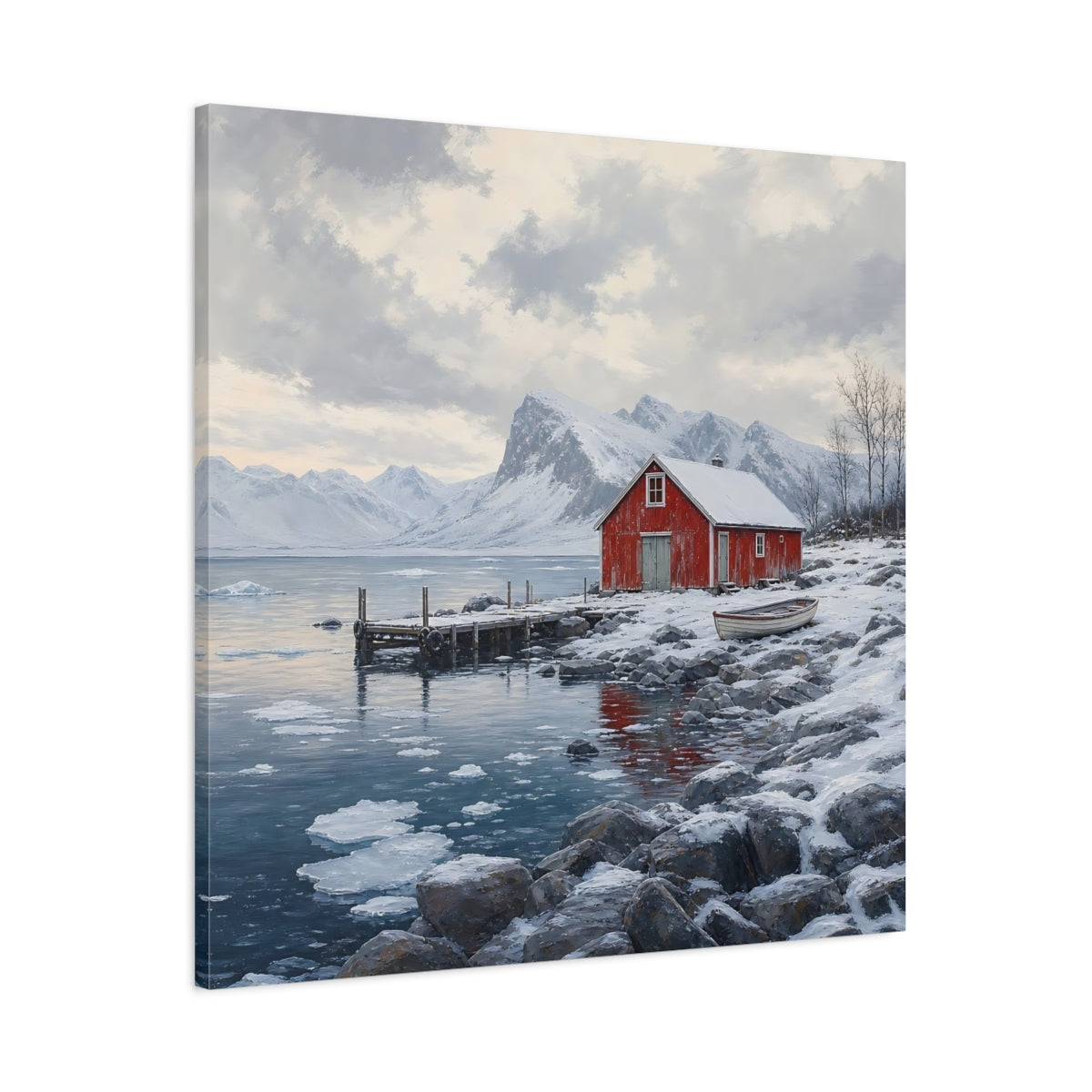 Main Mockup. Nature Red Cabin Winter Lake Red Cabin shown as stretched canvas wall art