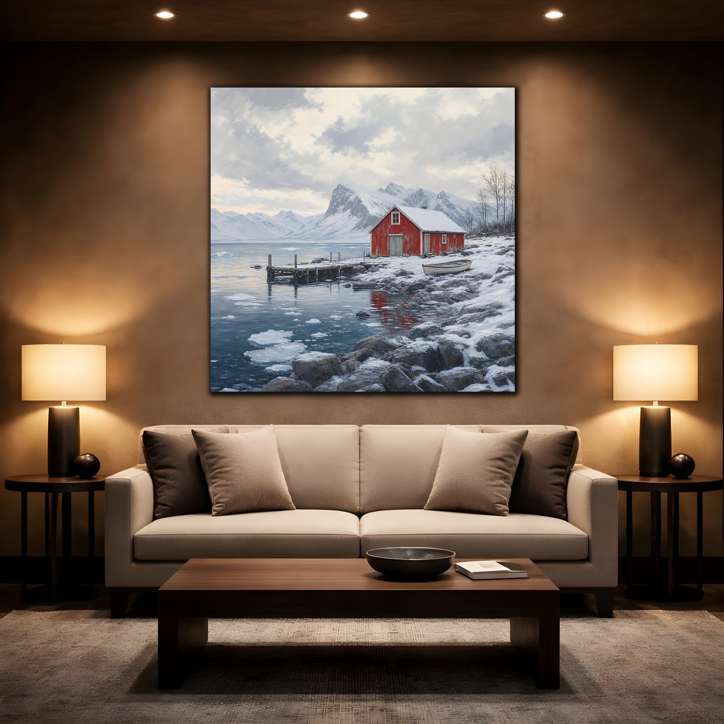 Mockup 2. Nature Red Cabin Winter Lake Red Cabin shown as stretched canvas wall art