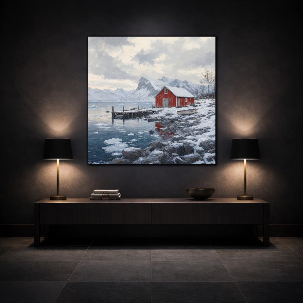 Mockup 3. Nature Red Cabin Winter Lake Red Cabin shown as stretched canvas wall art