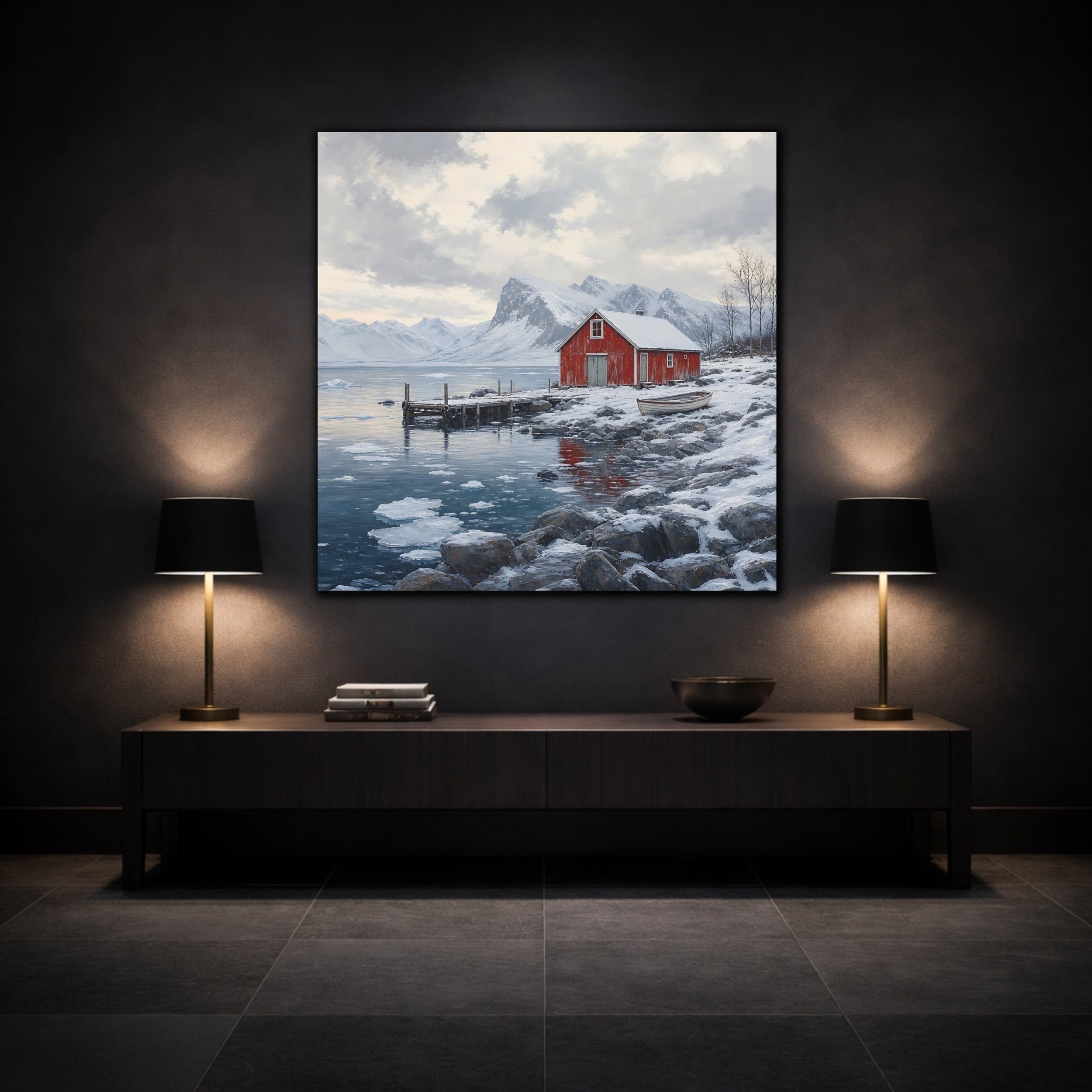 Mockup 3. Nature Red Cabin Winter Lake Red Cabin shown as stretched canvas wall art
