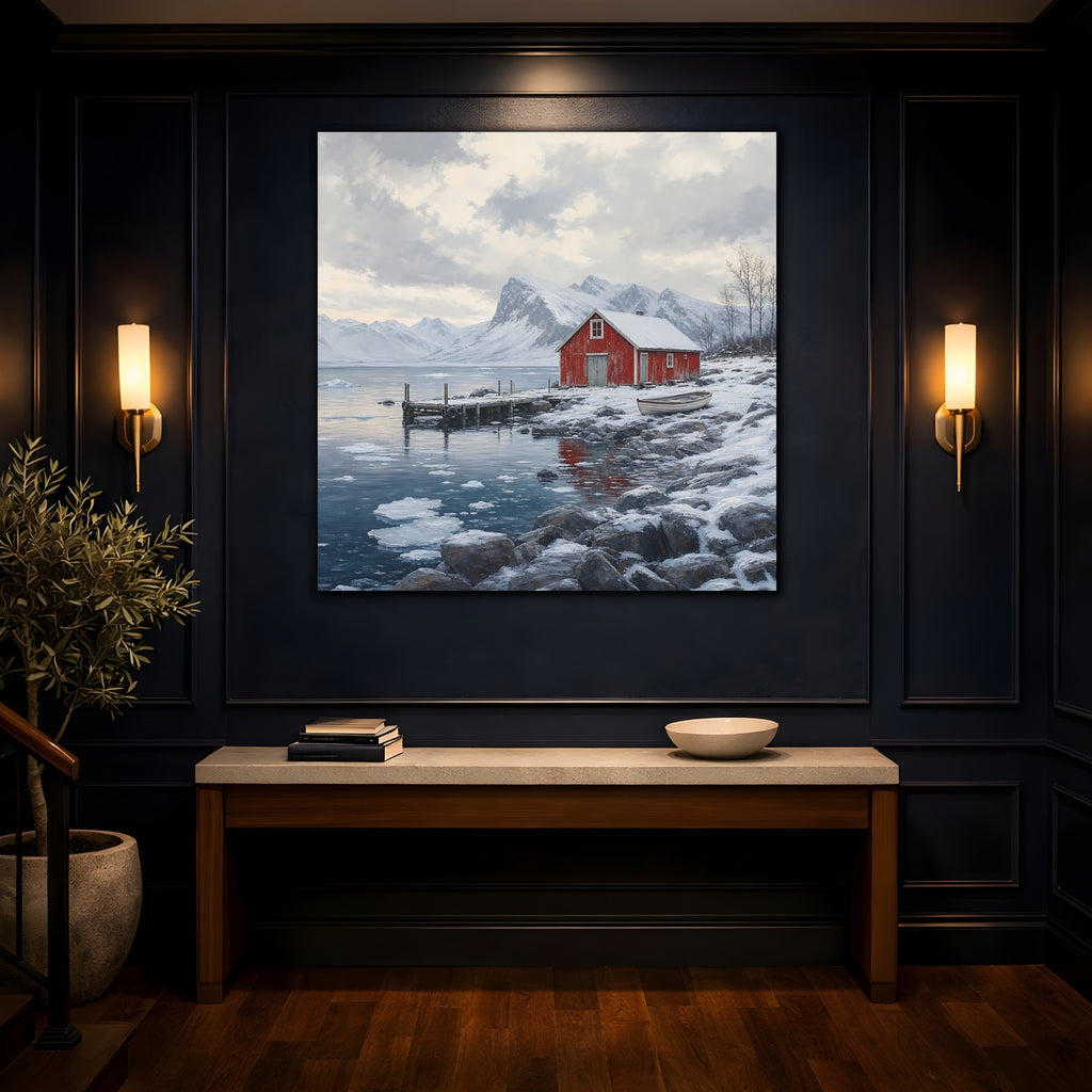 Mockup 4. Nature Red Cabin Winter Lake Red Cabin shown as stretched canvas wall art
