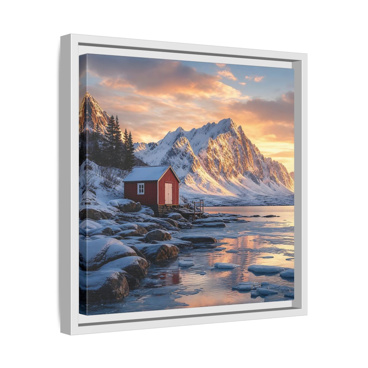 Side Mockup 28. Nature Red Cabin Winter Landscape Red Cabin shown as stretched canvas wall art