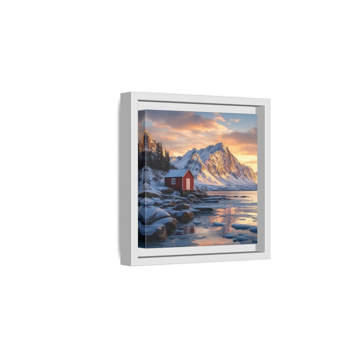 Side Mockup 1. Nature Red Cabin Winter Landscape Red Cabin shown as stretched canvas wall art