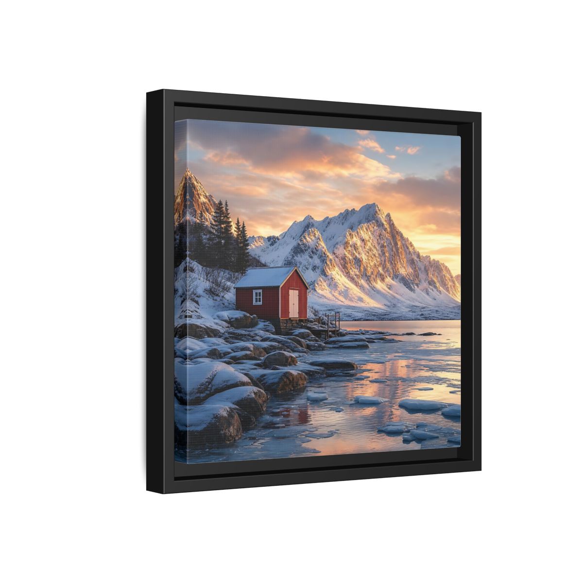 Side Mockup 18. Nature Red Cabin Winter Landscape Red Cabin shown as stretched canvas wall art