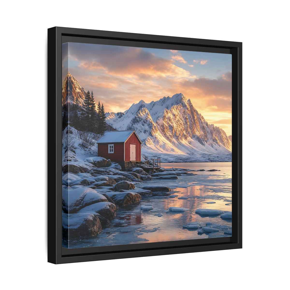 Side Mockup 32. Nature Red Cabin Winter Landscape Red Cabin shown as stretched canvas wall art