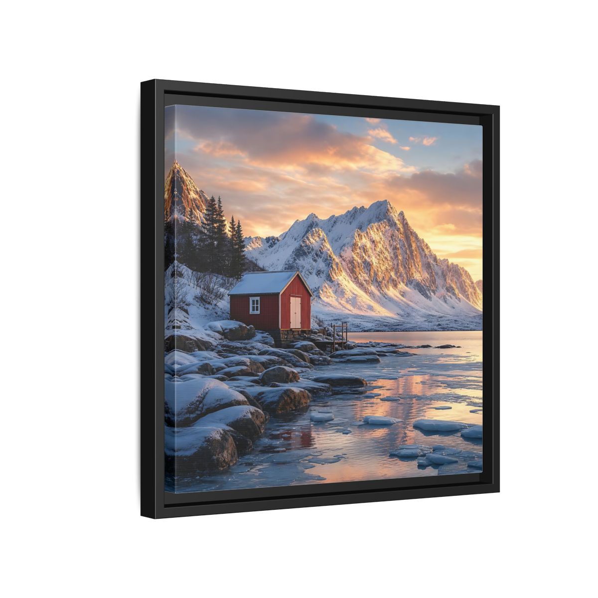 Side Mockup 15. Nature Red Cabin Winter Landscape Red Cabin shown as stretched canvas wall art