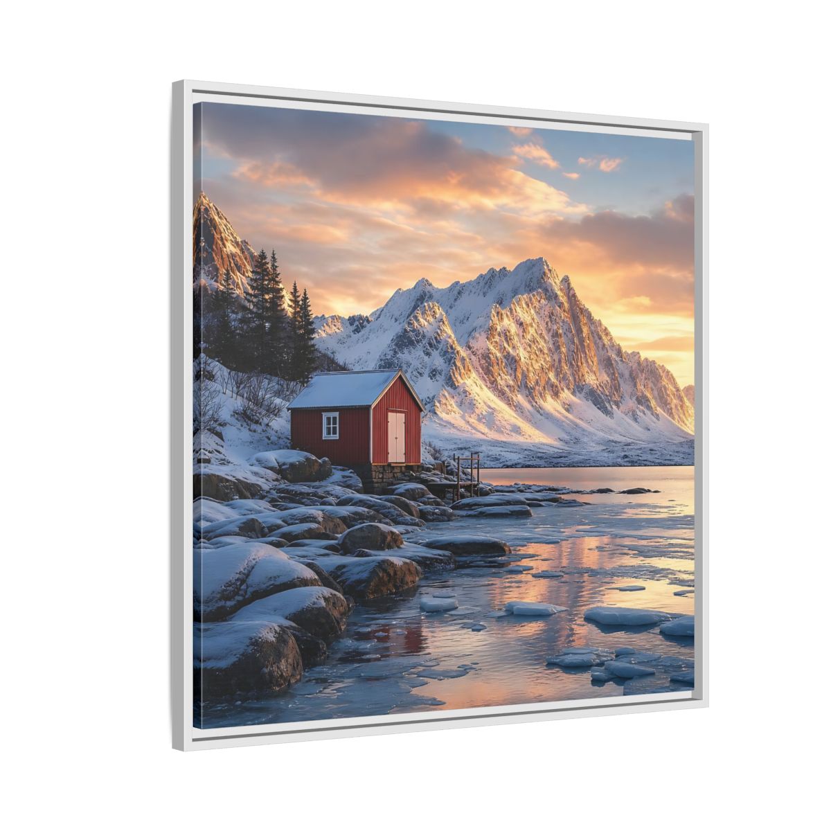 Side Mockup 7. Nature Red Cabin Winter Landscape Red Cabin shown as stretched canvas wall art