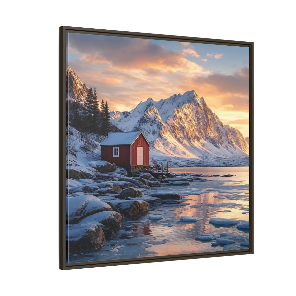 Side Mockup 5. Nature Red Cabin Winter Landscape Red Cabin shown as stretched canvas wall art