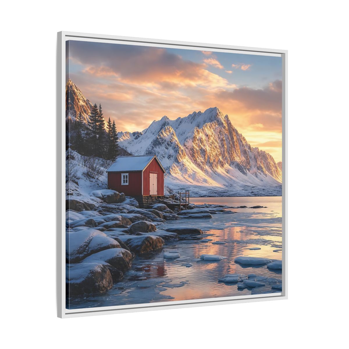 Side Mockup 25. Nature Red Cabin Winter Landscape Red Cabin shown as stretched canvas wall art