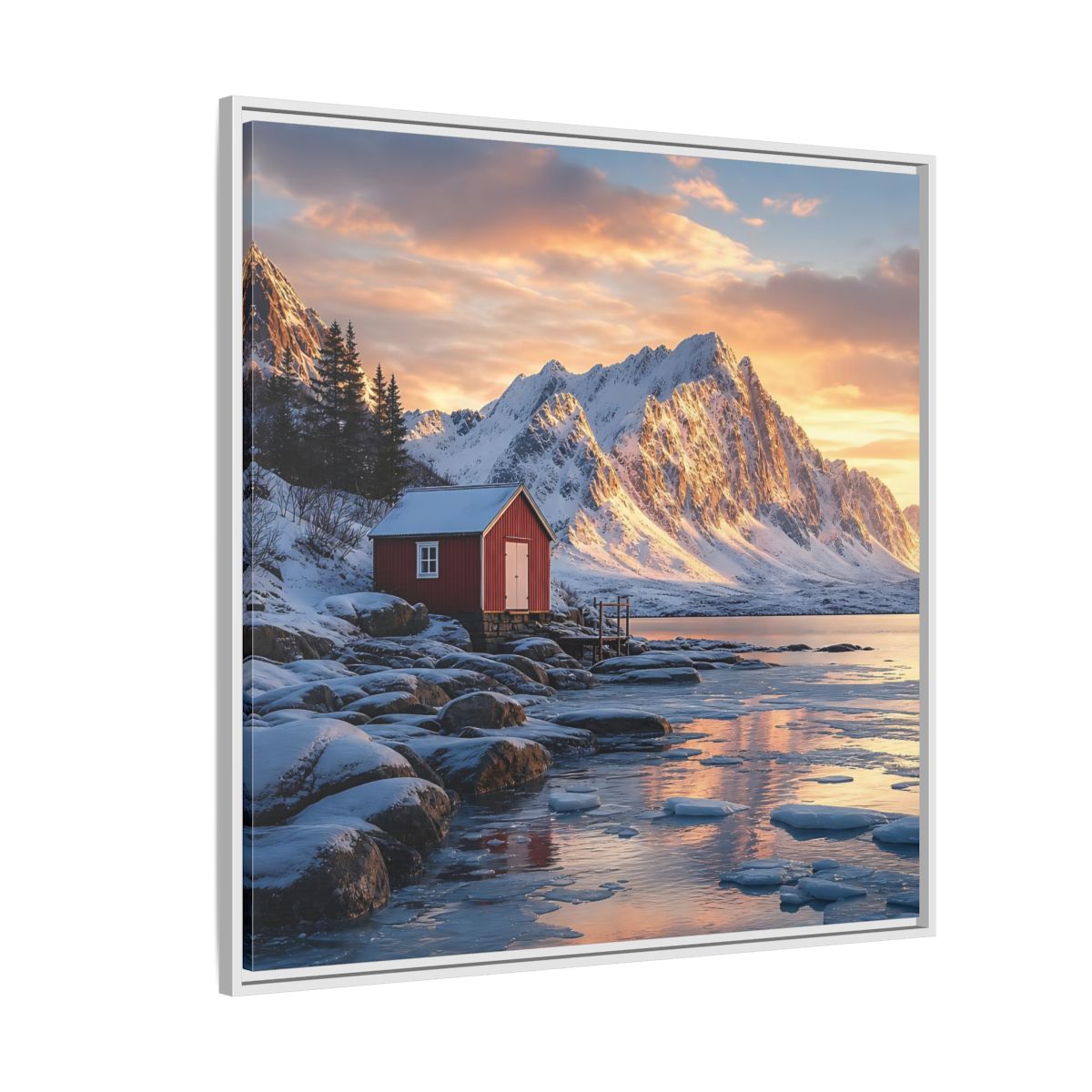 Side Mockup 4. Nature Red Cabin Winter Landscape Red Cabin shown as stretched canvas wall art