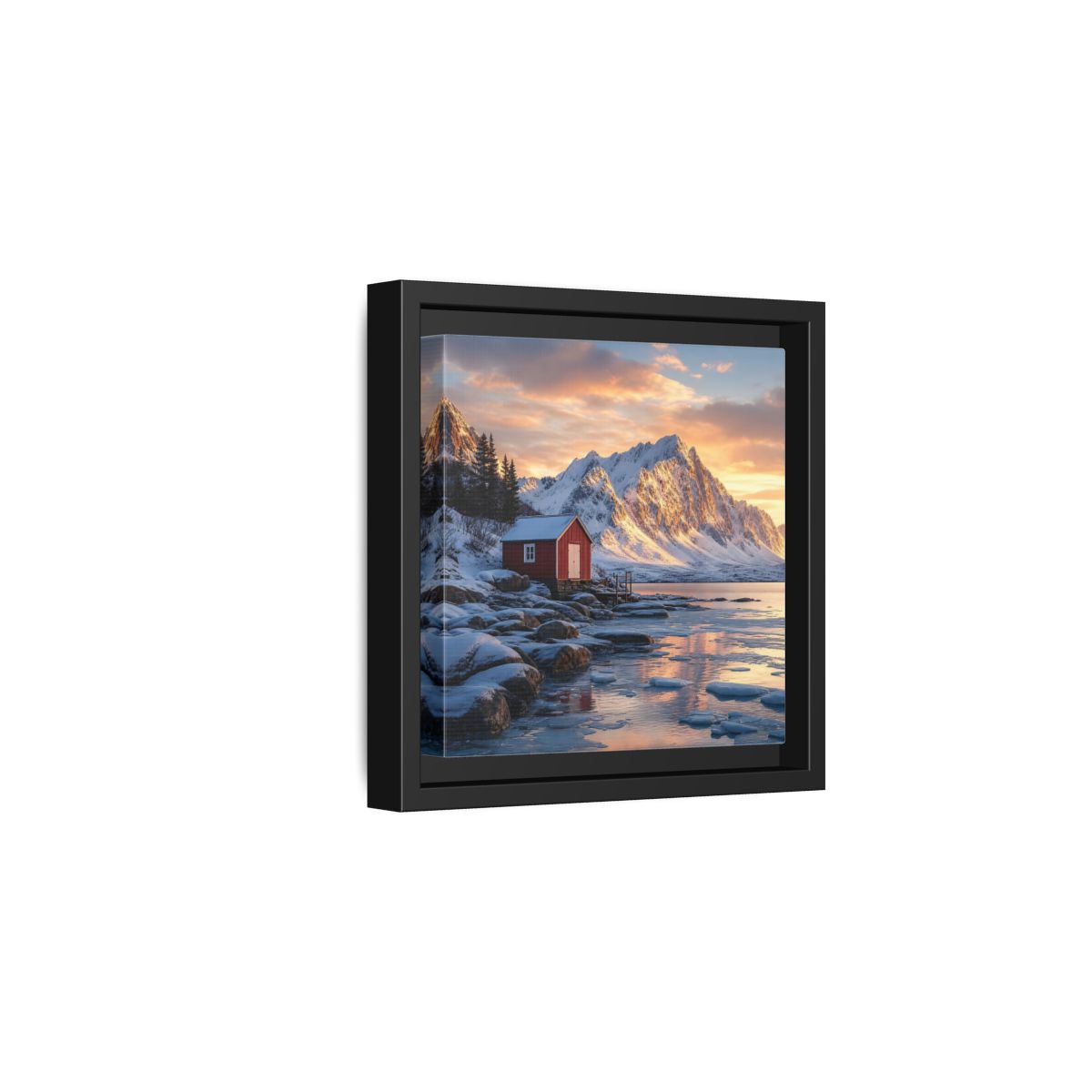 Side Mockup 3. Nature Red Cabin Winter Landscape Red Cabin shown as stretched canvas wall art