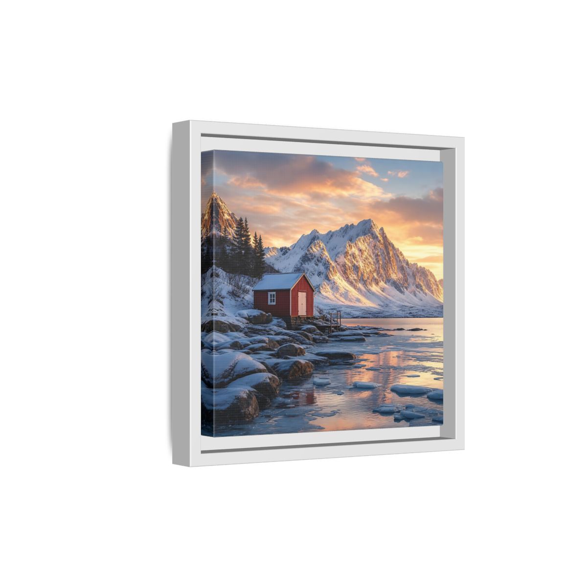 Side Mockup 19. Nature Red Cabin Winter Landscape Red Cabin shown as stretched canvas wall art