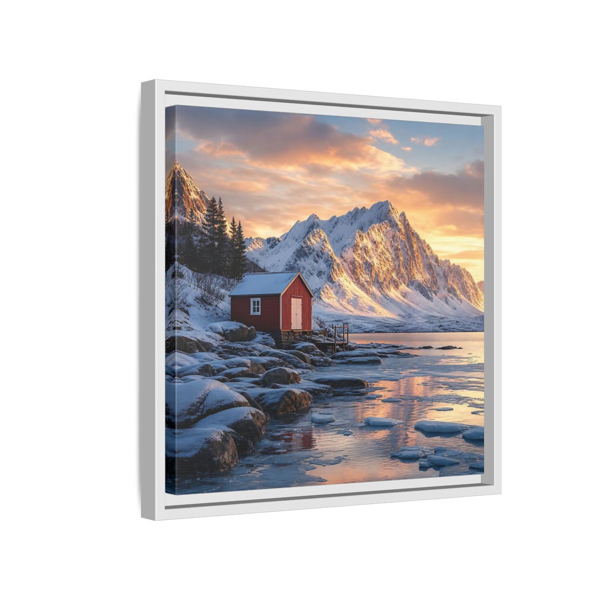Side Mockup 13. Nature Red Cabin Winter Landscape Red Cabin shown as stretched canvas wall art