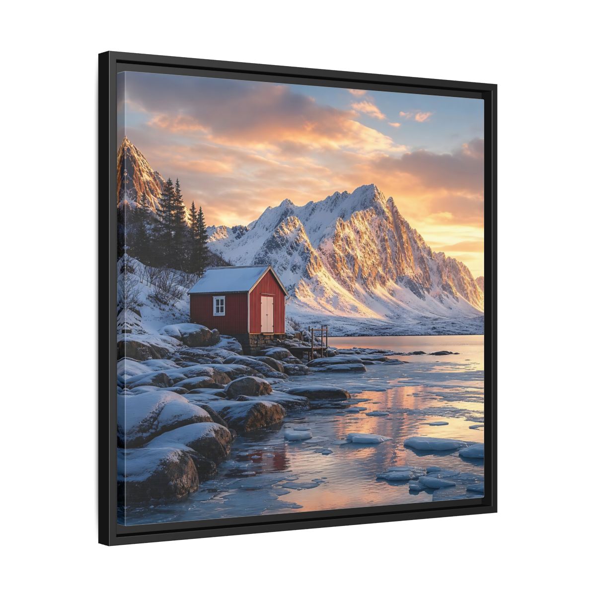 Side Mockup 31. Nature Red Cabin Winter Landscape Red Cabin shown as stretched canvas wall art