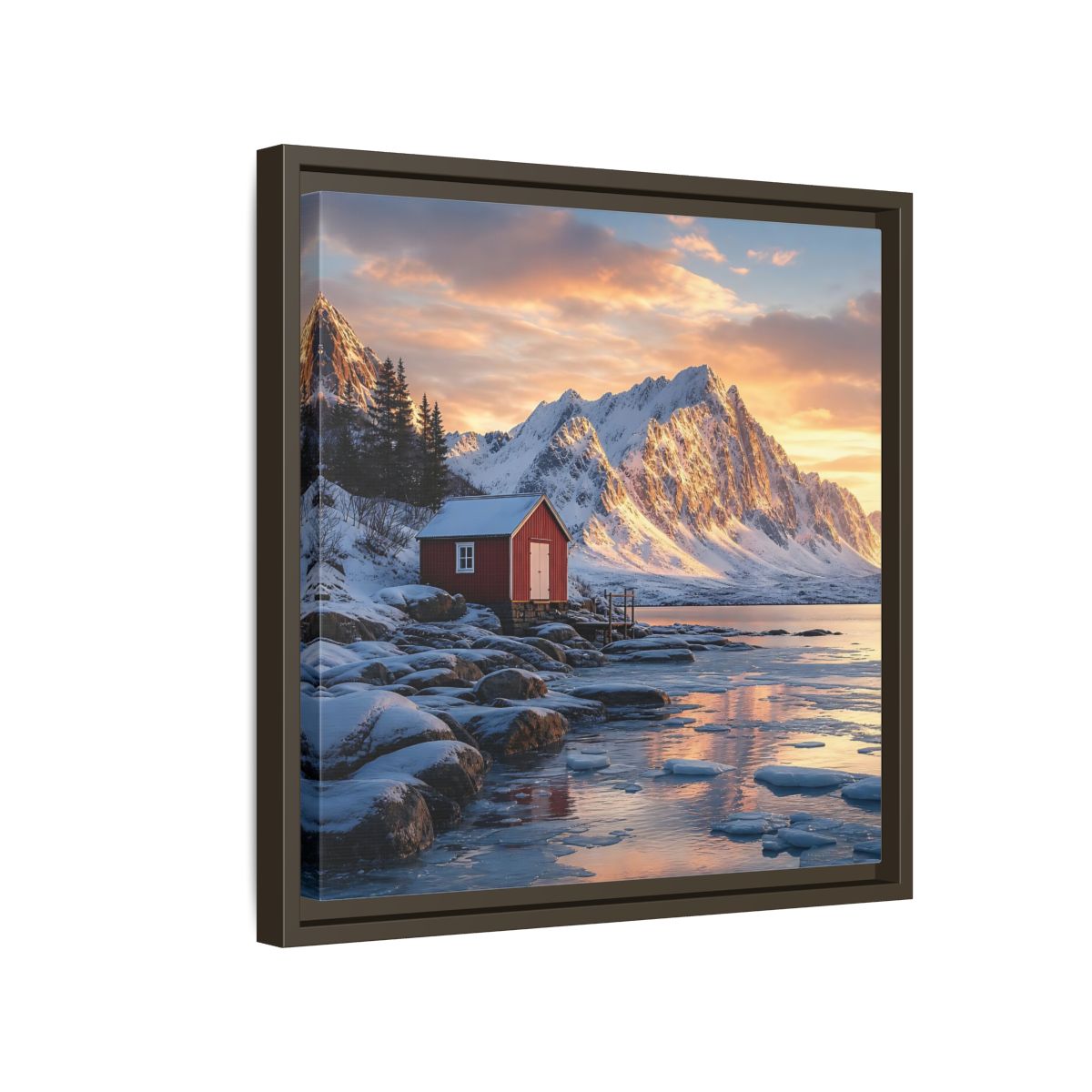 Side Mockup 14. Nature Red Cabin Winter Landscape Red Cabin shown as stretched canvas wall art