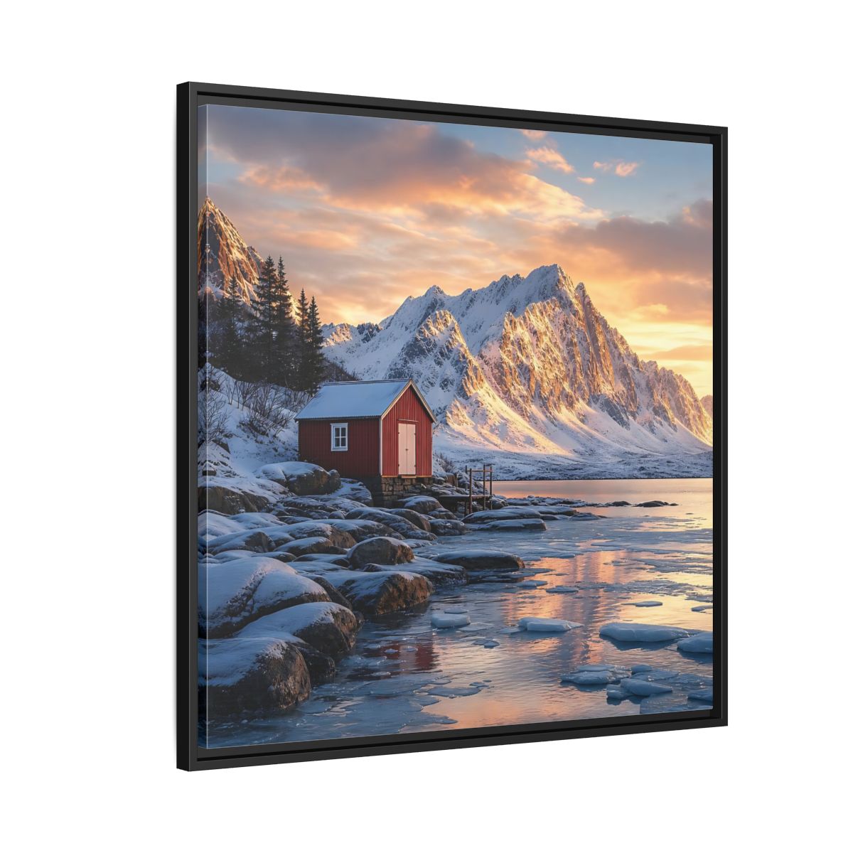 Side Mockup 9. Nature Red Cabin Winter Landscape Red Cabin shown as stretched canvas wall art
