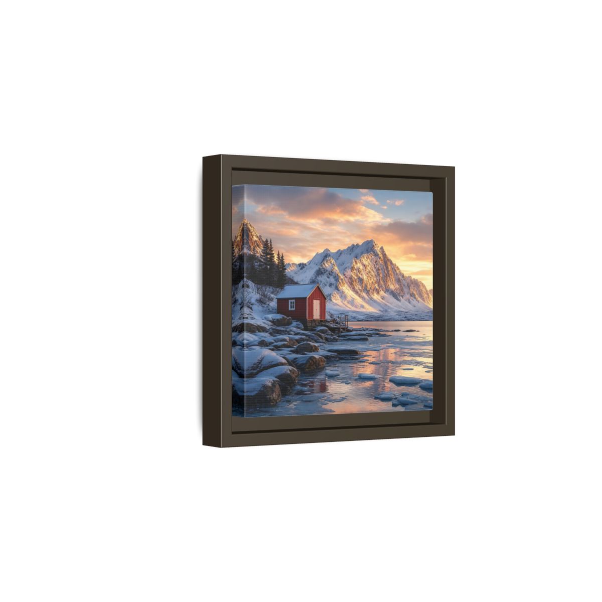 Side Mockup 2. Nature Red Cabin Winter Landscape Red Cabin shown as stretched canvas wall art