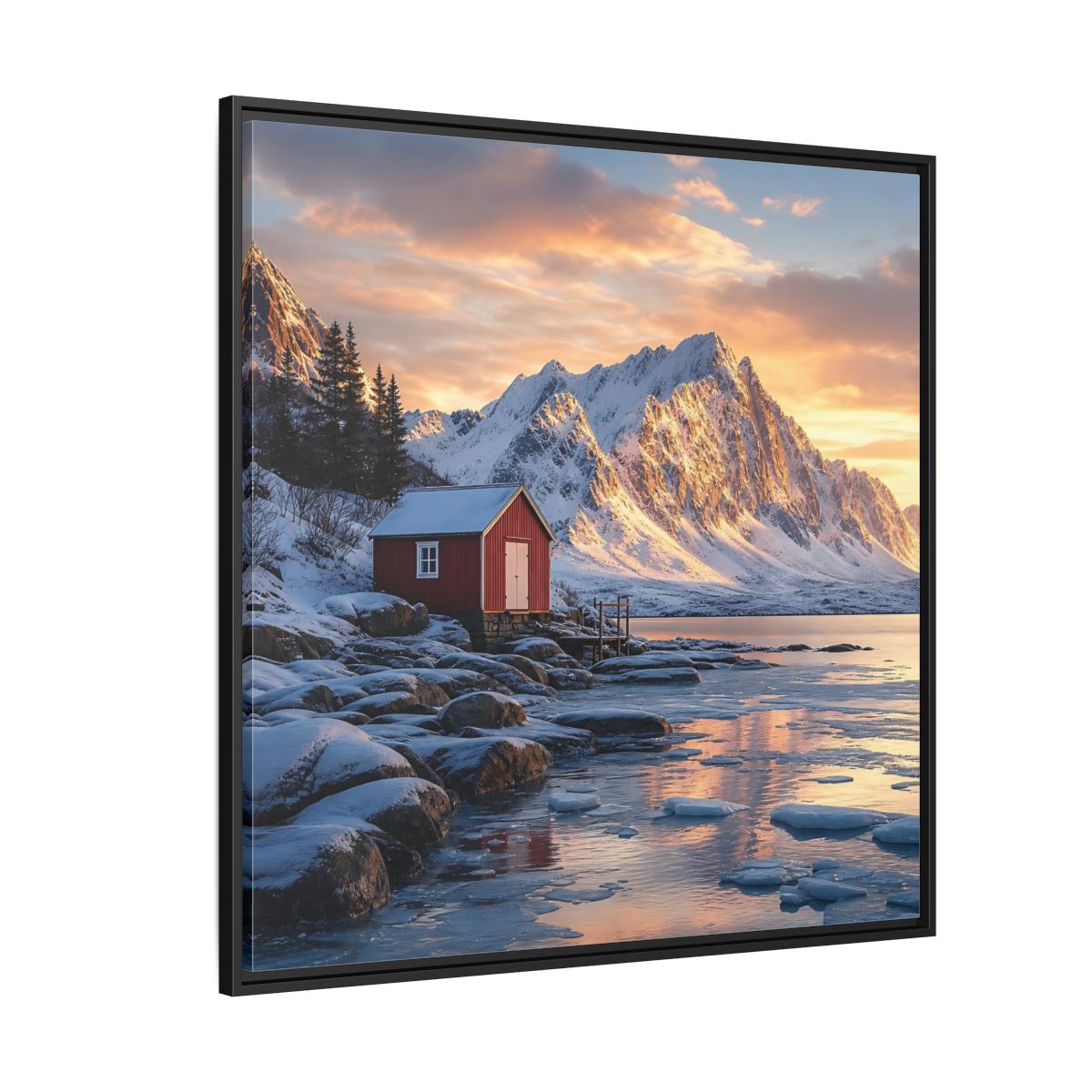 Side Mockup 6. Nature Red Cabin Winter Landscape Red Cabin shown as stretched canvas wall art