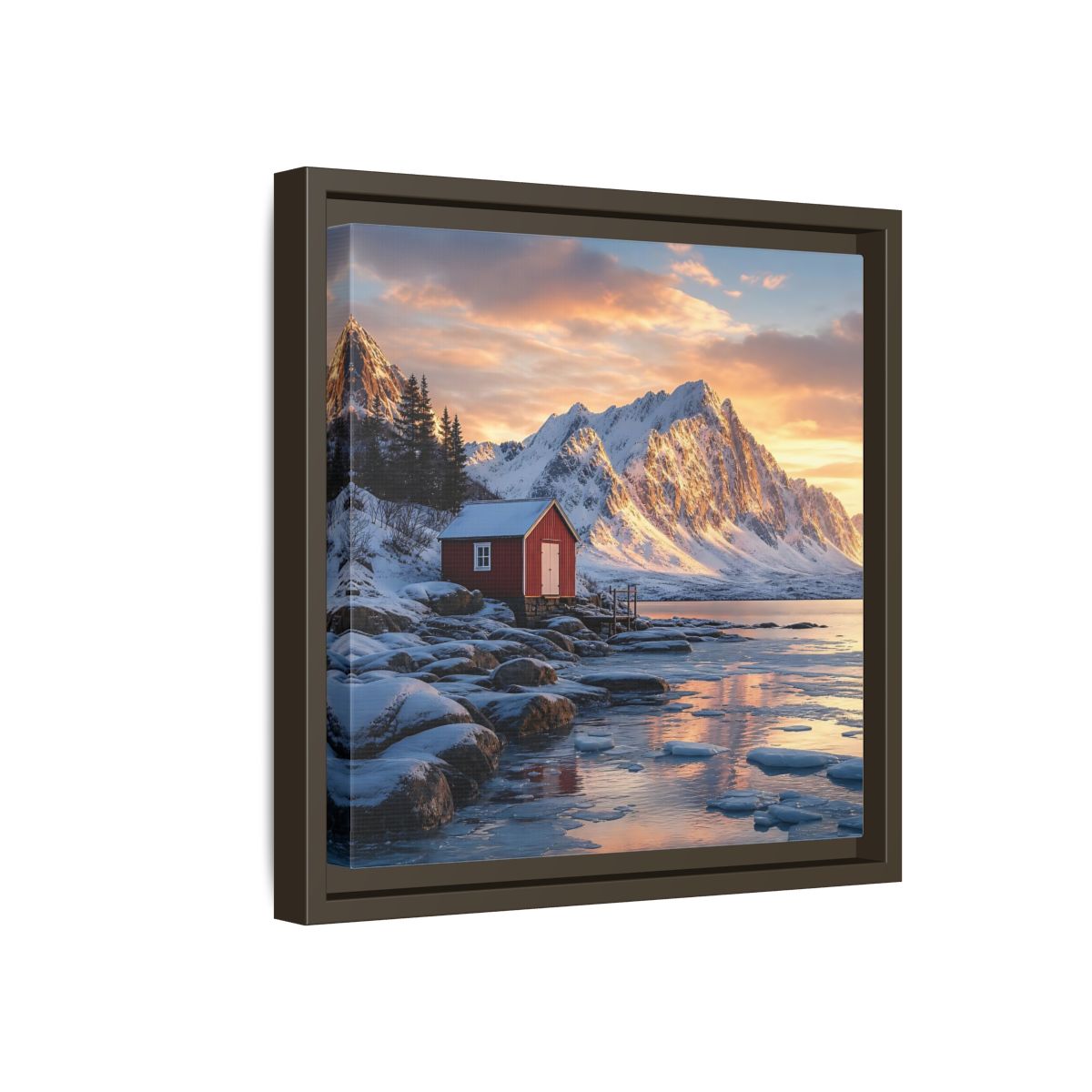 Side Mockup 17. Nature Red Cabin Winter Landscape Red Cabin shown as stretched canvas wall art
