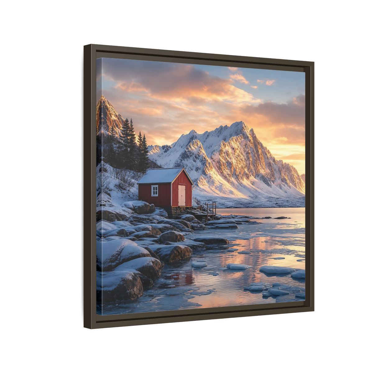 Side Mockup 11. Nature Red Cabin Winter Landscape Red Cabin shown as stretched canvas wall art